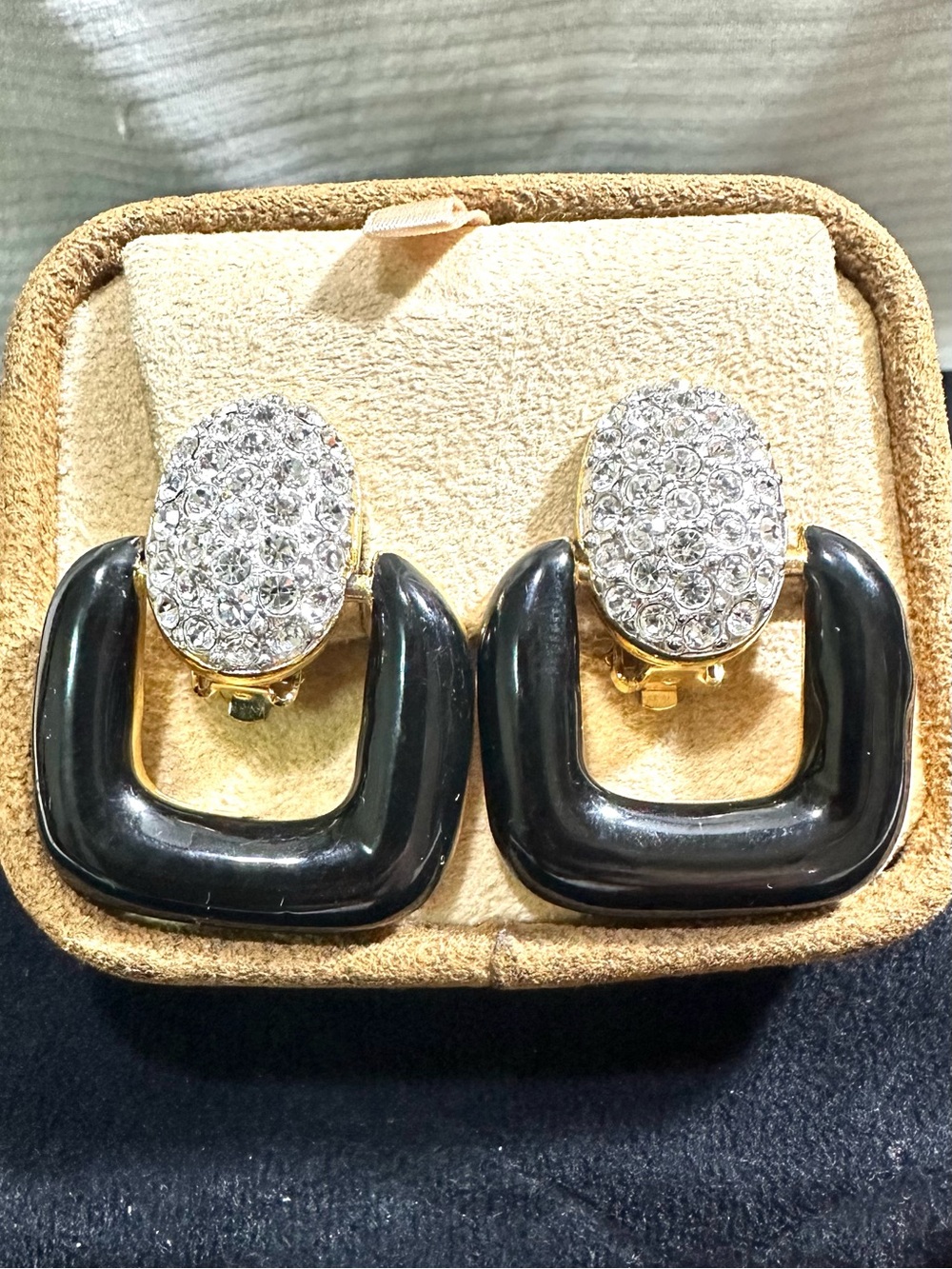 RARE: signed ESSEX Black Enamel, Rhinestone True Door Knocker Earrings